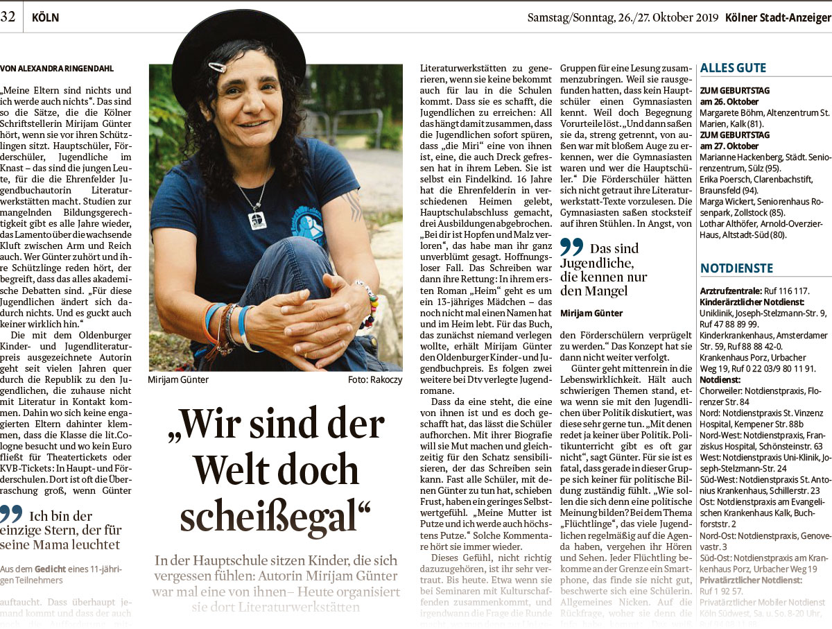 Wir sind der Welt doch scheißegal - Alexandra Ringendahl berichtet im Kölner Stadtanzeiger über Mirijam Günter
